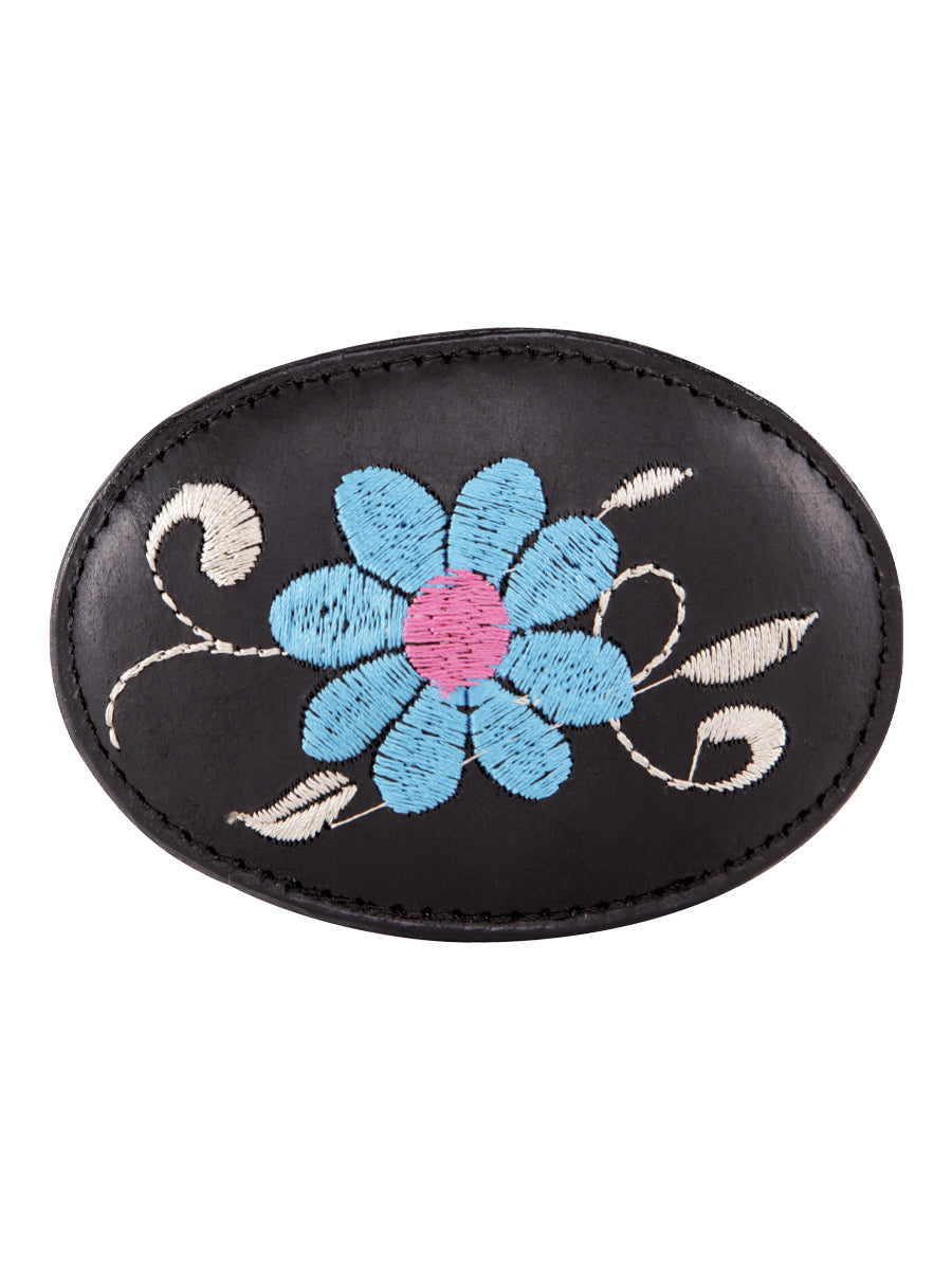 Buckle for Women's Cowboy Belt, Oval with Genuine Leather Floral Embroidery 'El General' - ID: 43237