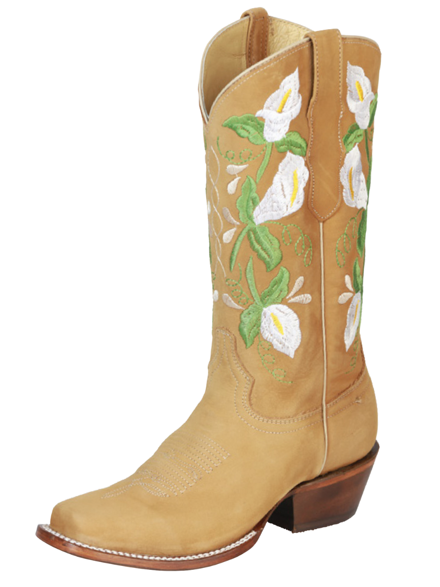 Botas Vaqueras Rodeo con Tubo Bordado de Flores de Piel Nobuck para Mujer 'Centenario' - ID: 43283 Cowgirl Boots Centenario Miel