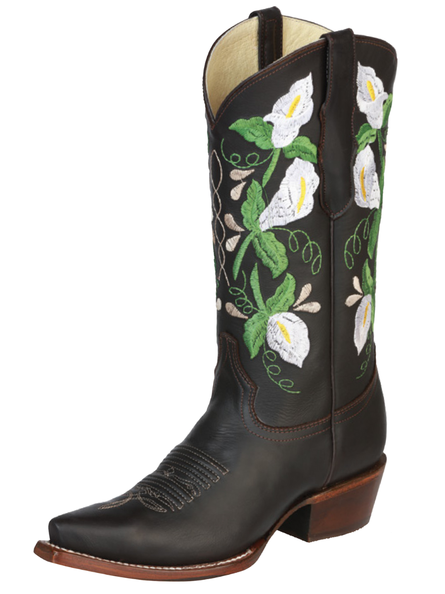 Retro Cowboy Boots with Genuine Leather Flowers Embroidered Tube for Women 'Centenario' - ID: 43287