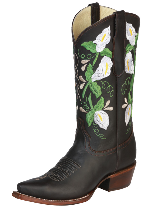 Retro Cowboy Boots with Genuine Leather Flower Embroidered Tube for Women 'Centenario' - ID: 43287 Cowgirl Boots Centenario Choco