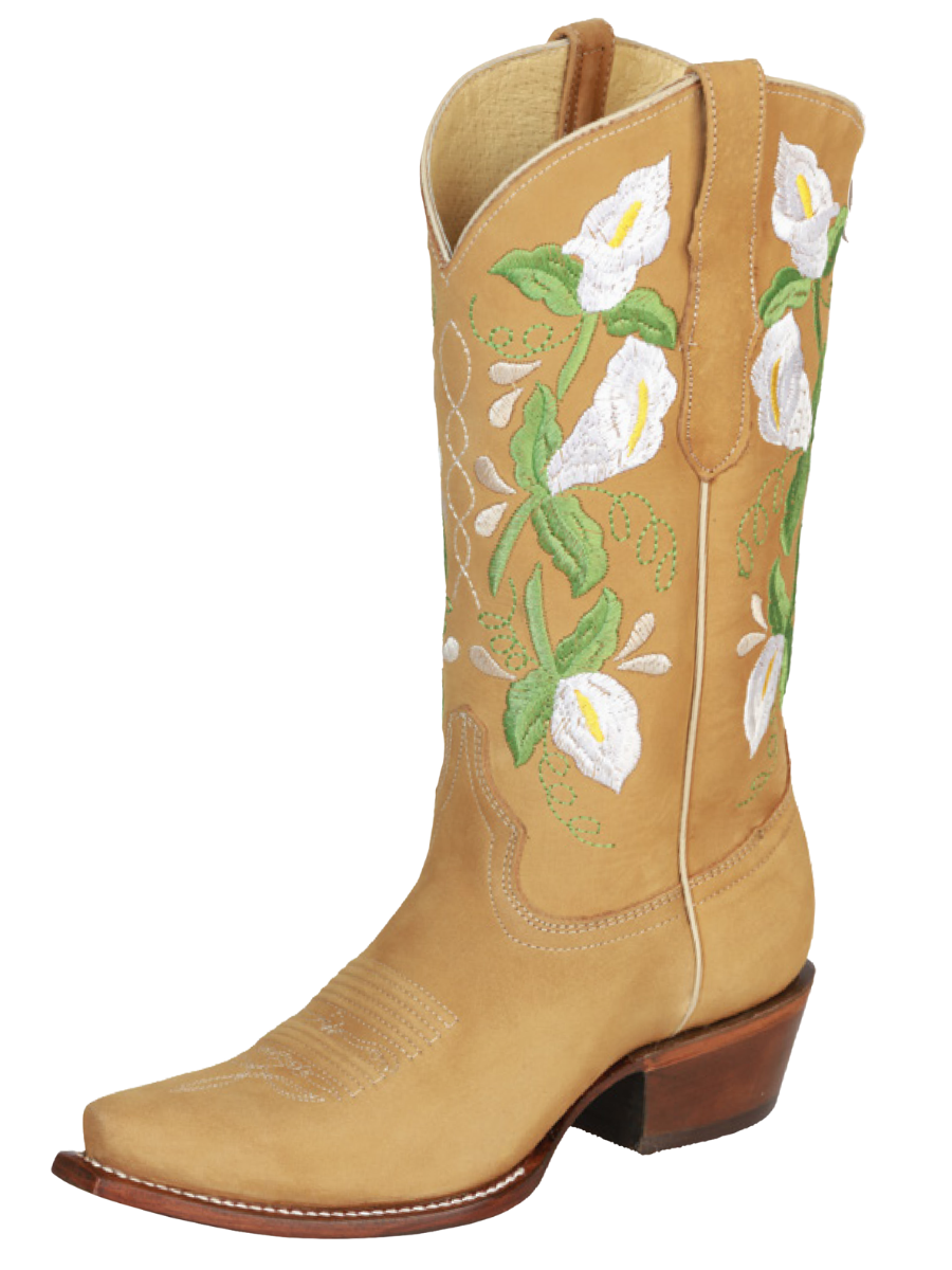 Botas Vaqueras Retro con Tubo Bordado de Flores de Piel Nobuck para Mujer 'Centenario' - ID: 43288 Cowgirl Boots Centenario Miel