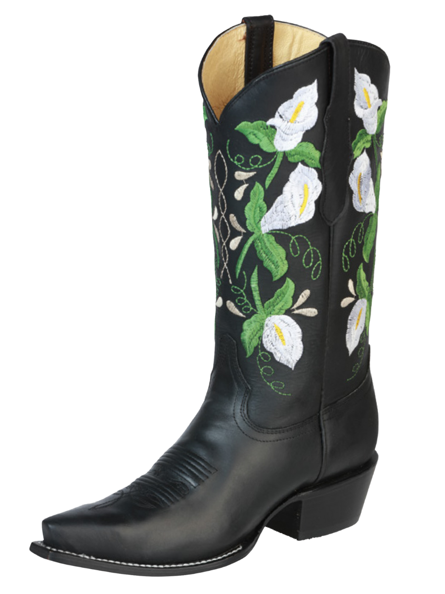 Botas Vaqueras Retro con Tubo Bordado de Flores de Piel Genuina para Mujer 'Centenario' - ID: 43289 Cowgirl Boots Centenario Negro
