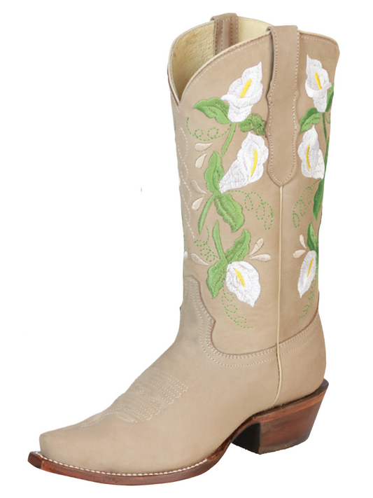 Retro Cowboy Boots with Nubuck Leather Flower Embroidered Tube for Women 'Centenario' - ID: 43290 Cowgirl Boots Centenario Sand
