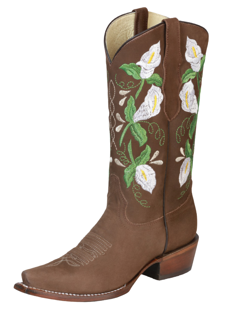 Retro Cowboy Boots with Nobuck Leather Flowers Embroidered Tube for Women 'Centenario' - ID: 43291