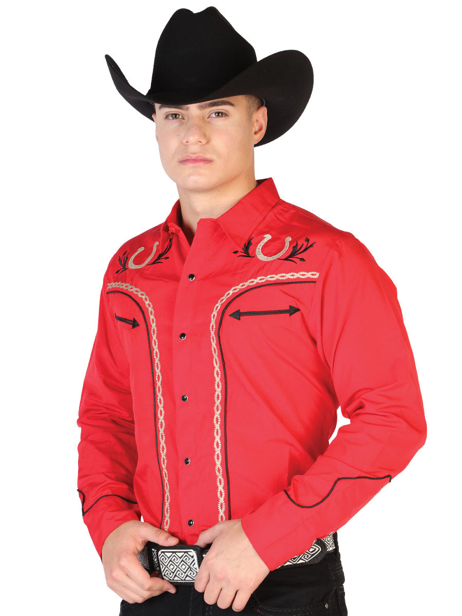 Red Long Sleeve Embroidered Denim Shirt for Men 'The Lord of the Skies' - ID: 43294