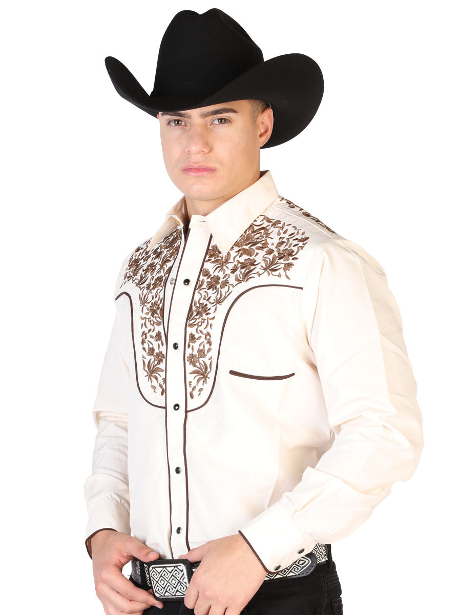 Beige Long Sleeve Embroidered Denim Shirt for Men 'The Lord of the Skies' - ID: 43299