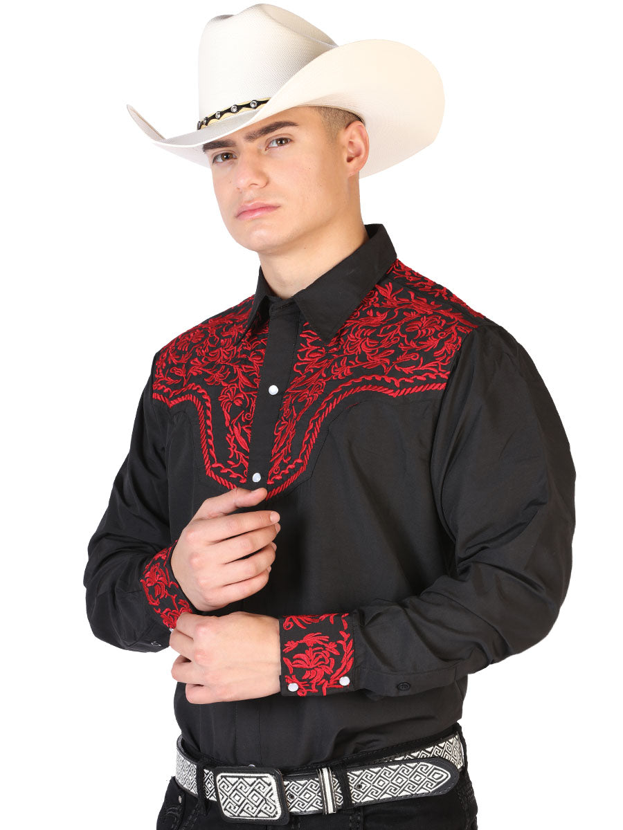 Black Long Sleeve Embroidered Denim Shirt for Men 'The Lord of the Skies' - ID: 43301