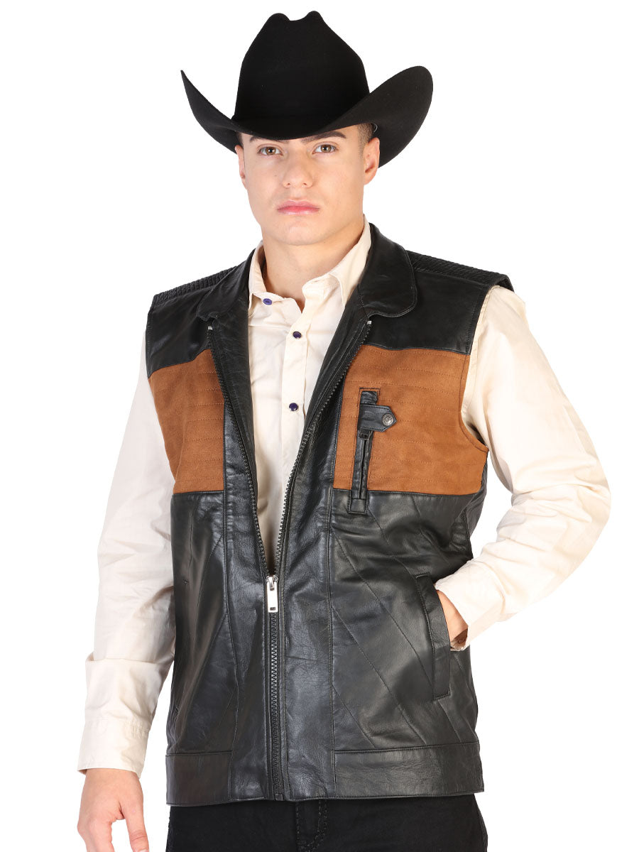 AAA Black/Tan Supreme Quality Leather Vest for Men 'El General' - ID: 43311