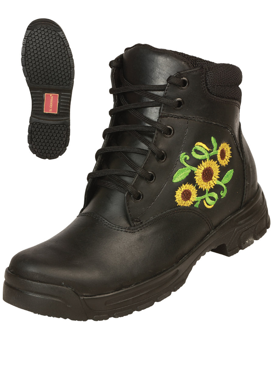 Casual Ankle Boots with Genuine Leather Sunflower Embroidery Laces for Women/Youth 'El General' - Unisex's Genuine Leather Sunflowers Embroidered Lace-Up Casual Ankle Boots 'El General' - ID: 43346