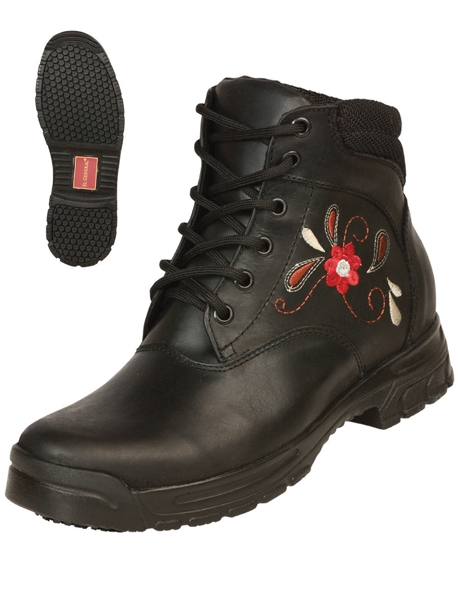 Casual Ankle Boots with Lace-Up Genuine Leather Flower Embroidery for Women/Youth 'El General' - ID: 43349 El General Black Lace-Up Ankle Boots