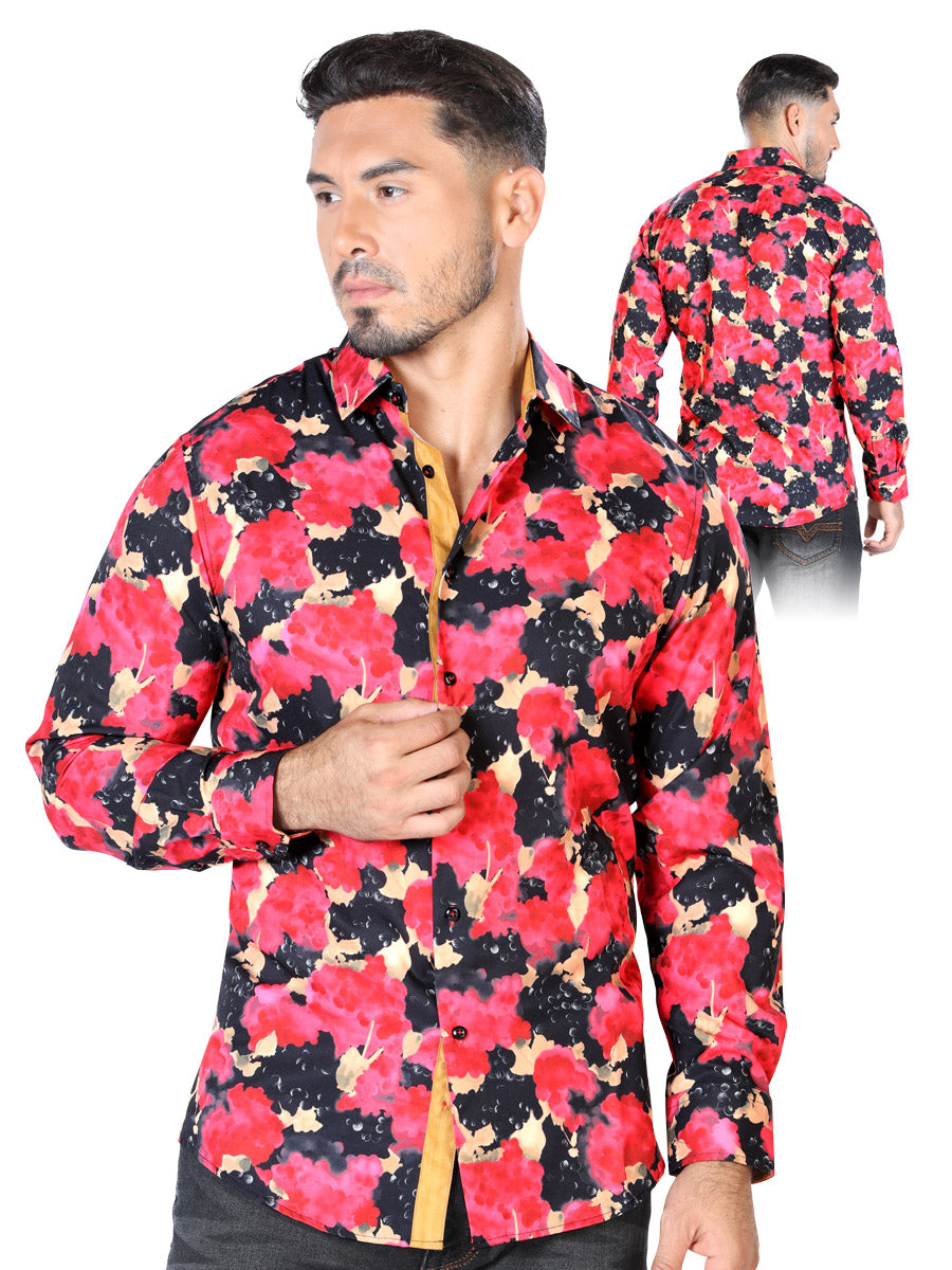 Red/Black Floral Print Long Sleeve Denim Shirt for Men 'The Lord of the Skies' - ID: 43446