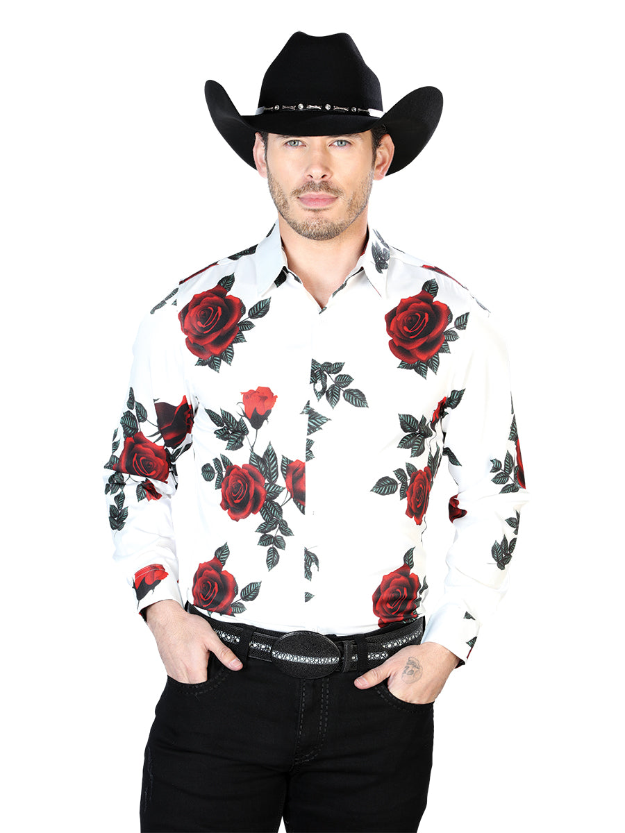 Camisa Vaquera Manga Larga Estampada Floral Blanco/Rosas para Hombre 'El Señor de los Cielos' - ID: 43665