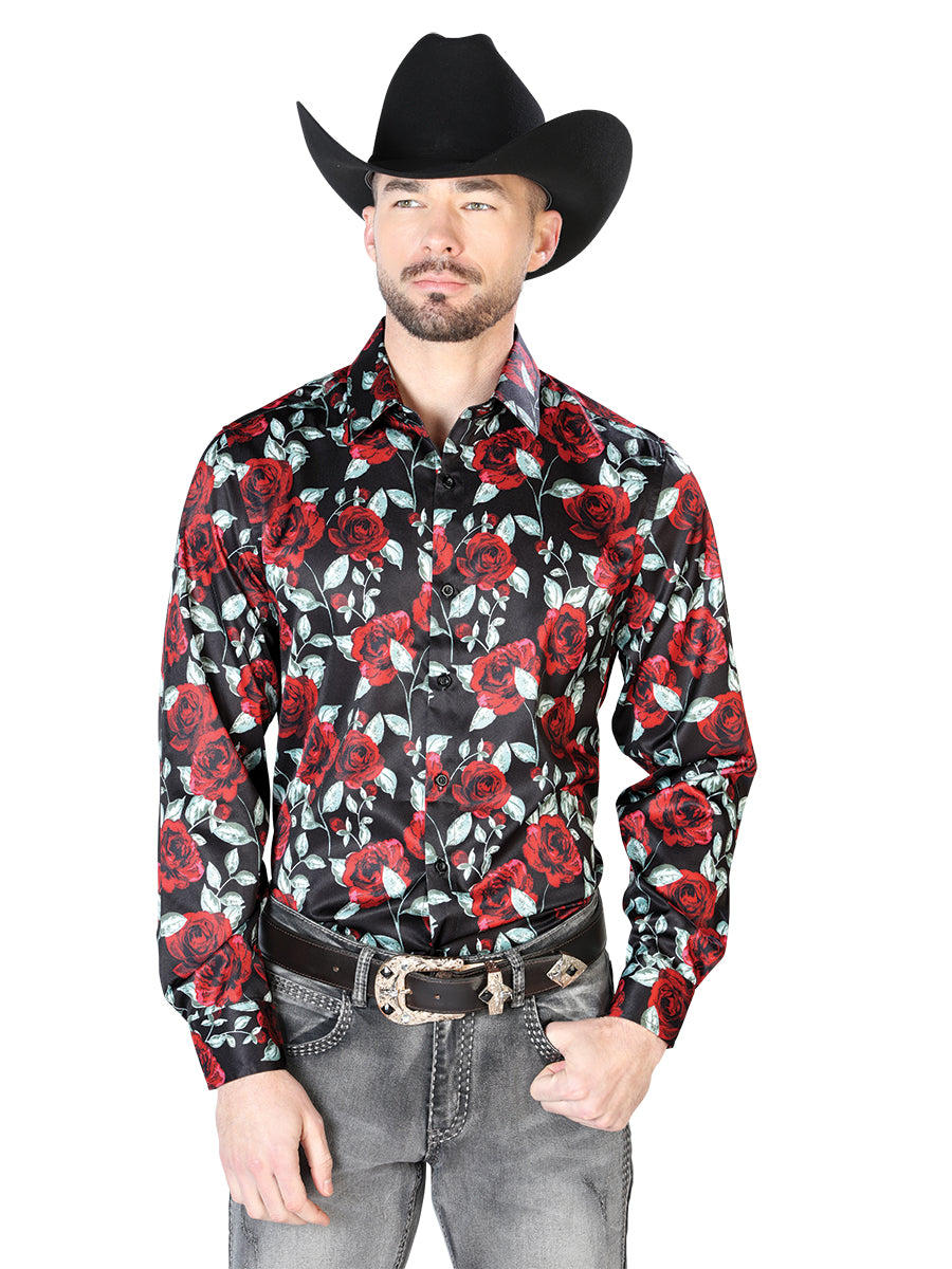 Camisa Vaquera Manga Larga Estampada Floral Negro/Rosas para Hombre 'El Señor de los Cielos' - ID: 43667