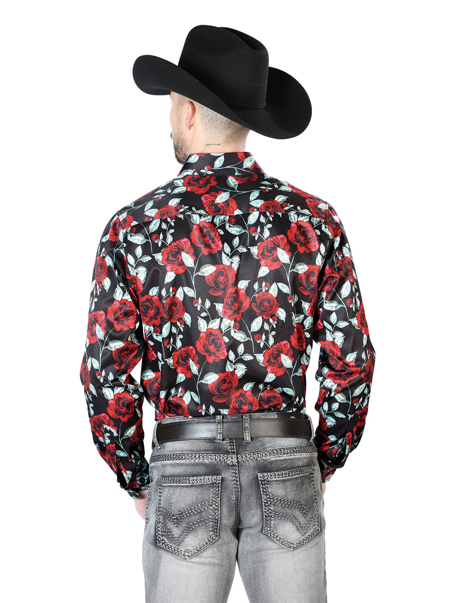 Black/Pink Floral Print Long Sleeve Denim Shirt for Men 'The Lord of the Skies' - ID: 43667