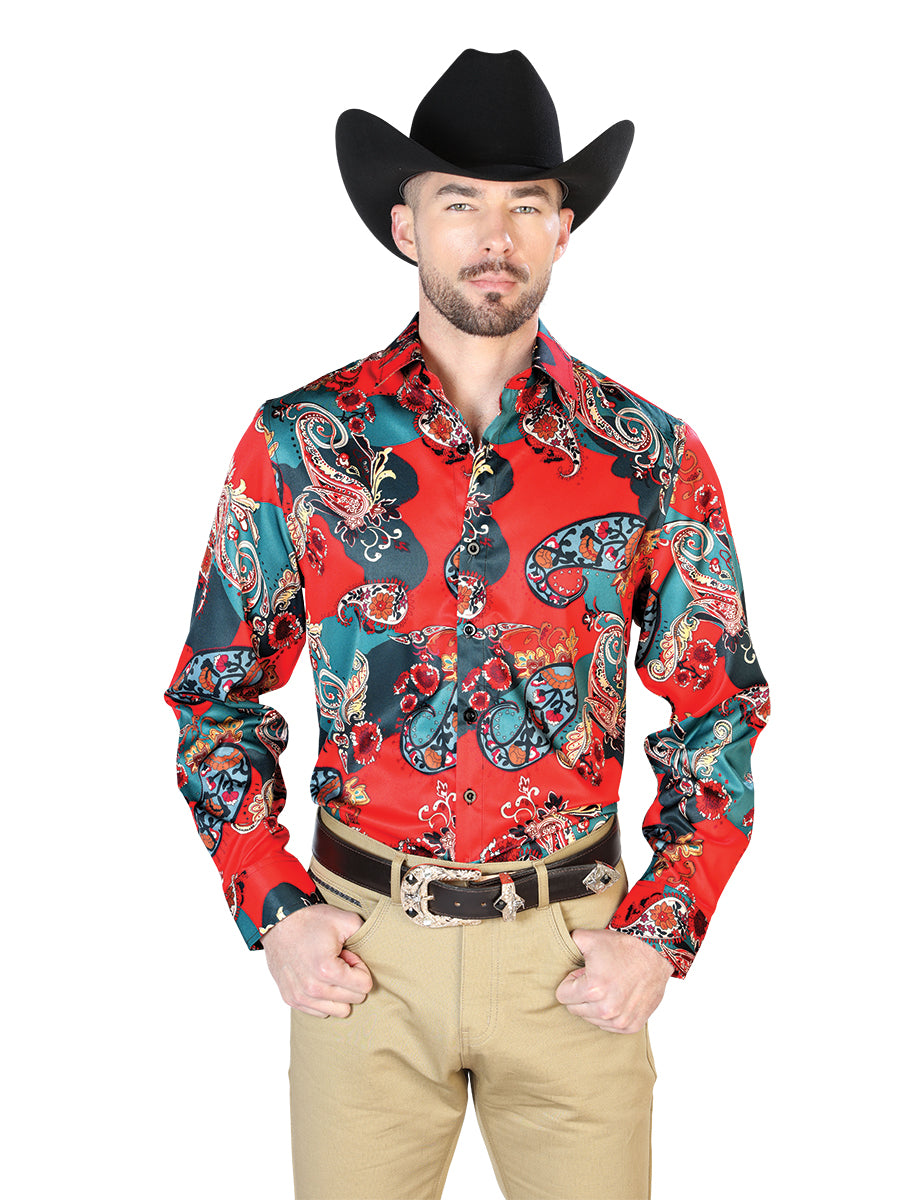 Red Printed Long Sleeve Denim Shirt for Men 'The Lord of the Skies' - ID: 43668