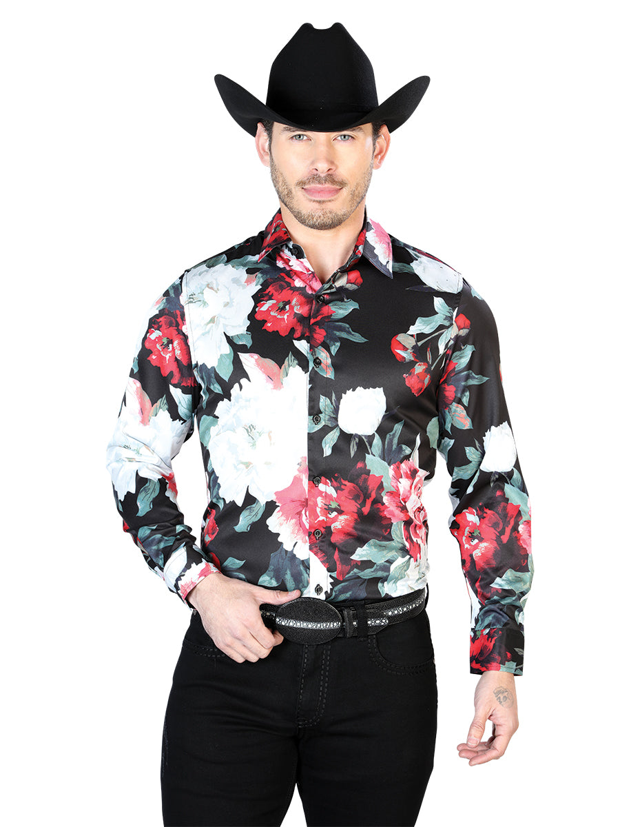 Camisa Vaquera Manga Larga Estampada Floral Negro/Rosas para Hombre 'El Señor de los Cielos' - ID: 43670