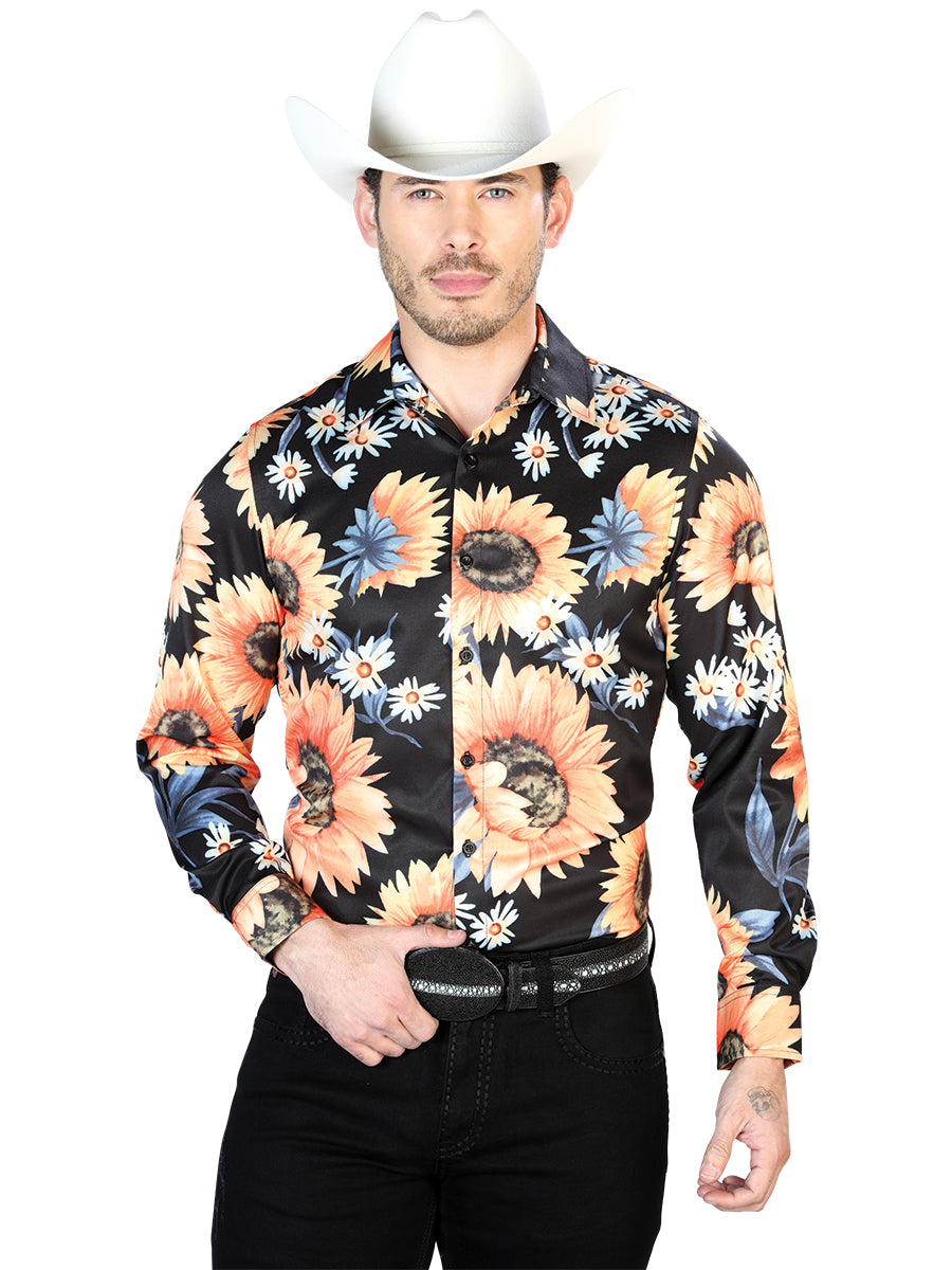 Black/Sunflower Floral Print Long Sleeve Denim Shirt for Men 'The Lord of the Skies' - ID: 43671