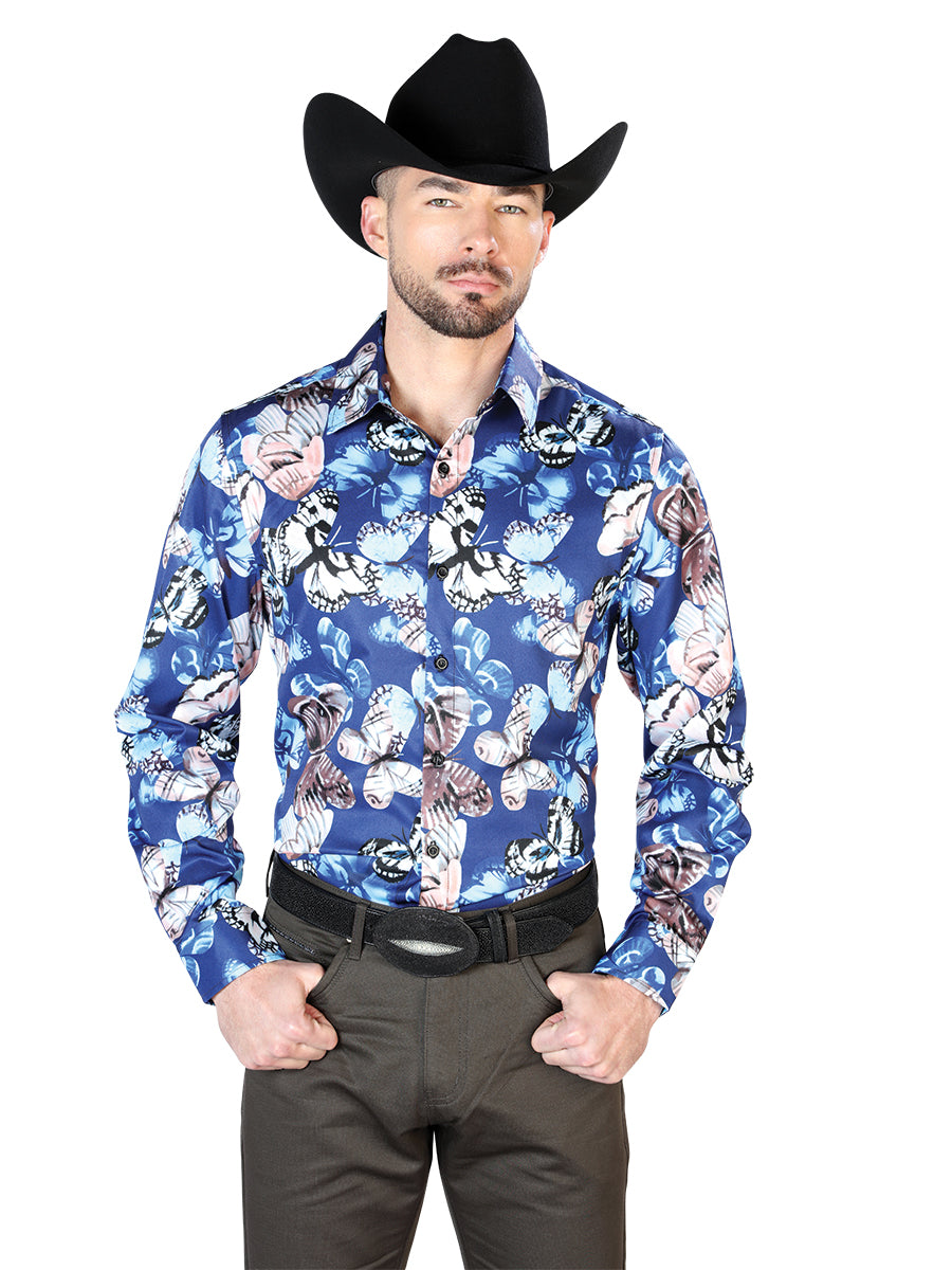 Camisa Vaquera Manga Larga Estampada Mariposas Azul para Hombre 'El Señor de los Cielos' - ID: 43674 Western Shirt El Señor de los Cielos 