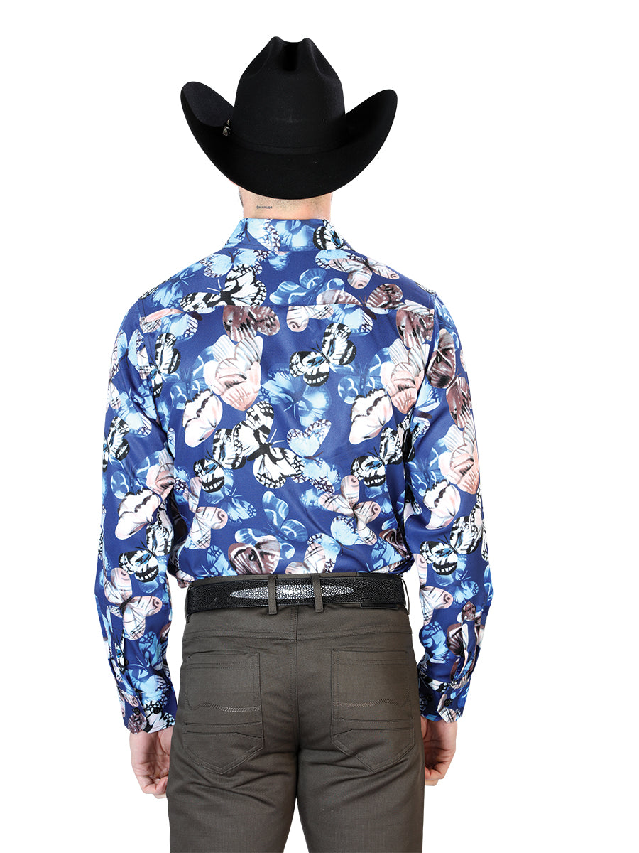 Blue Butterflies Printed Long Sleeve Denim Shirt for Men 'The Lord of the Skies' - ID: 43674 The Lord of the Skies Printed Shirts
