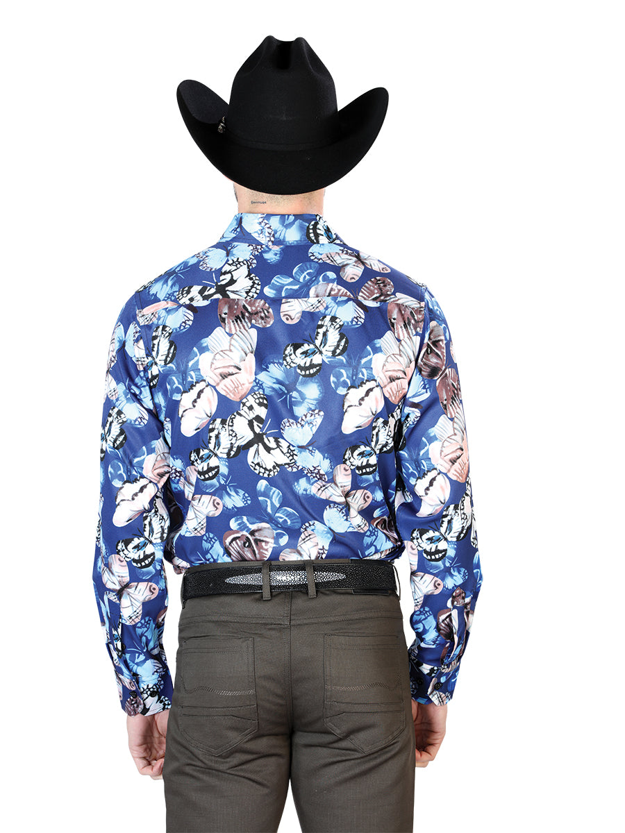 Camisa Vaquera Manga Larga Estampada Mariposas Azul para Hombre 'El Señor de los Cielos' - ID: 43674 Western Shirt El Señor de los Cielos 