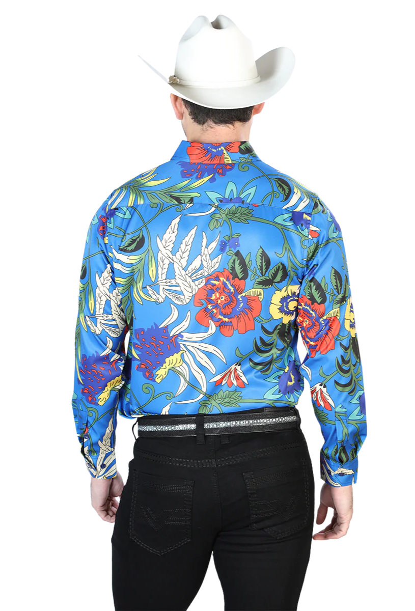 Camisa Vaquera Manga Larga Estampada Floral Azul Rey para Hombre 'El Señor de los Cielos' - ID: 43677