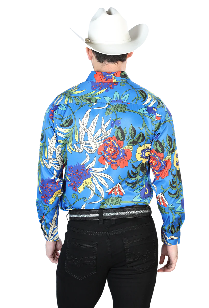 Camisa Vaquera Manga Larga Estampada Floral Azul Rey para Hombre El Se or de los Cielos ID 43677