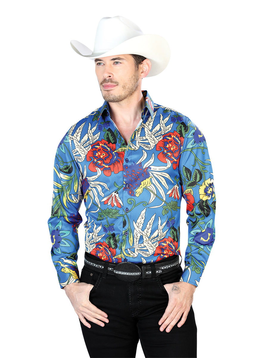 Camisa Vaquera Manga Larga Estampada Floral Azul Rey para Hombre 'El Señor de los Cielos' - ID: 43677 Western Shirt El Señor de los Cielos 