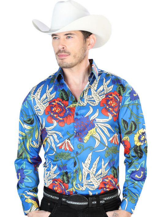 Royal Blue Floral Print Long Sleeve Denim Shirt for Men 'The Lord of the Skies' - ID: 43677