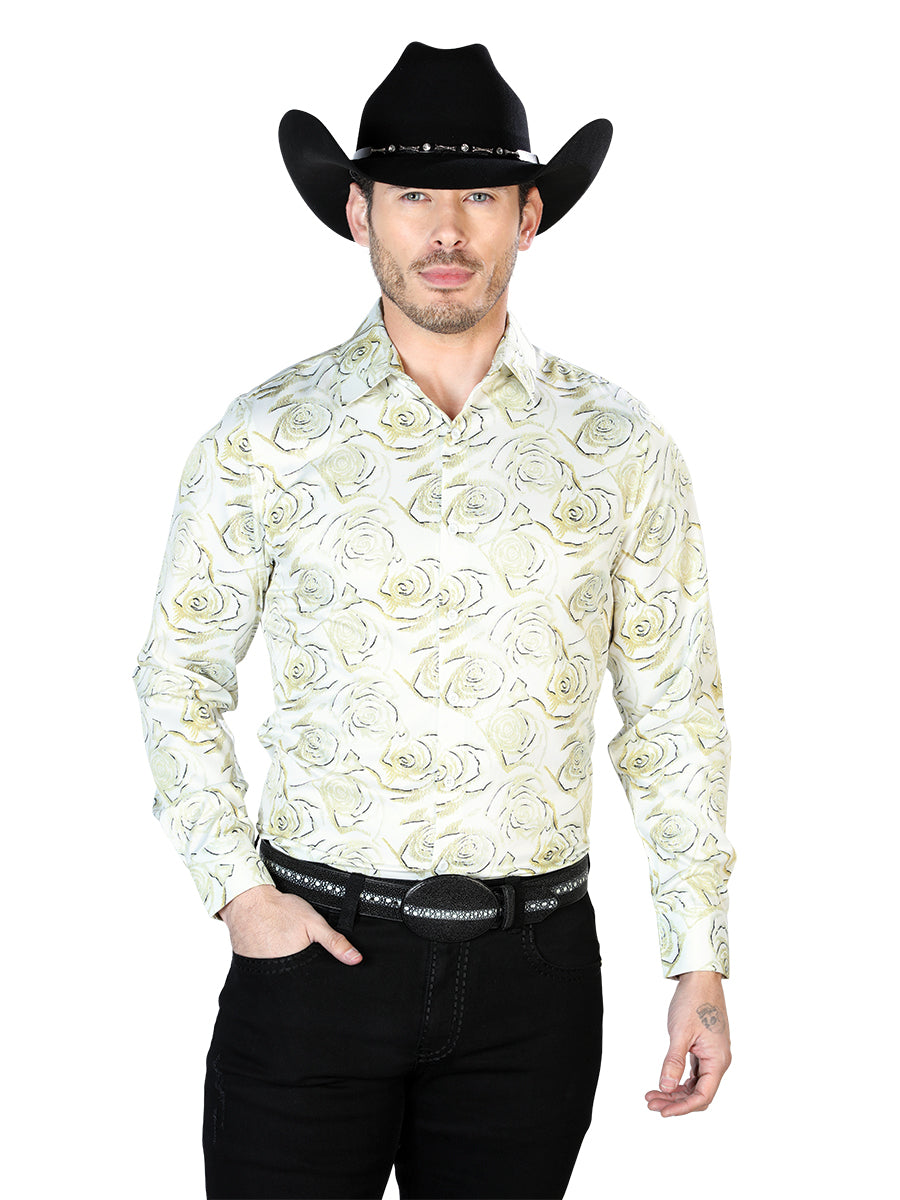Ivory Floral Printed Long Sleeve Denim Shirt for Men 'El Señor de los Cielos' - ID: 43678 Western Shirt El Señor de los Cielos