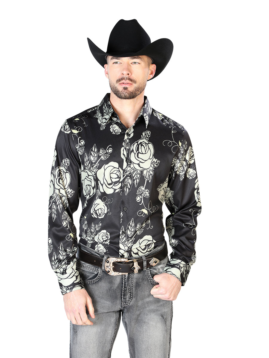 Camisa Vaquera Manga Larga Estampada Floral Negro para Hombre 'El Señor de los Cielos' - ID: 43679 Western Shirt El Señor de los Cielos 