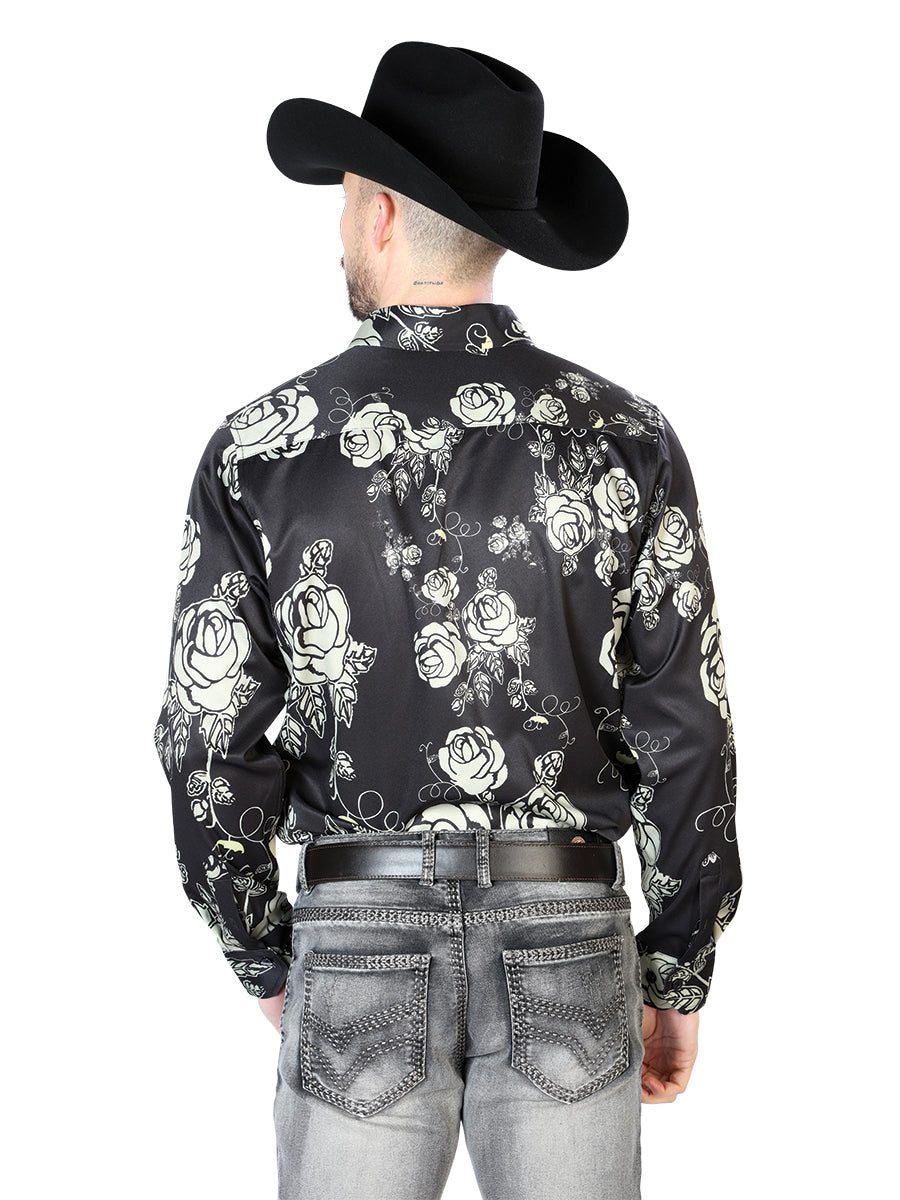 Camisa Vaquera Manga Larga Estampada Floral Negro para Hombre 'El Señor de los Cielos' - ID: 43679