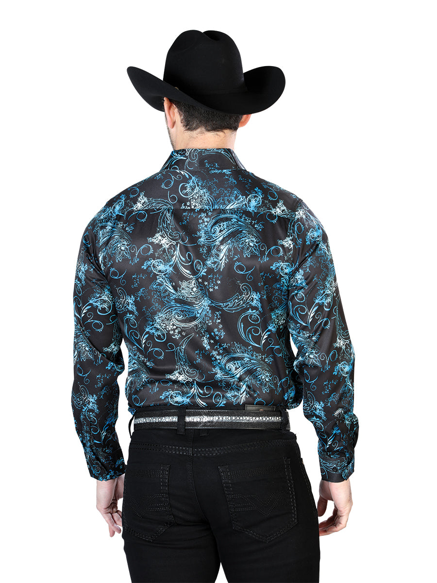 Black/Water Paisley Printed Long Sleeve Denim Shirt for Men 'The Lord of the Skies' - ID: 43680