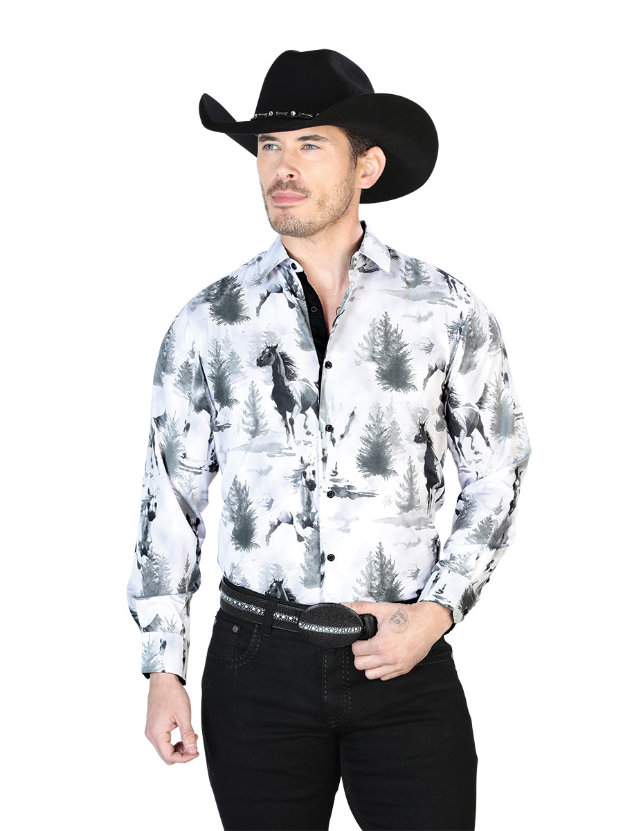 Long Sleeve Denim Shirt Printed Gray / Black Horses for Men 'The Lord of the Skies' - ID: 43688