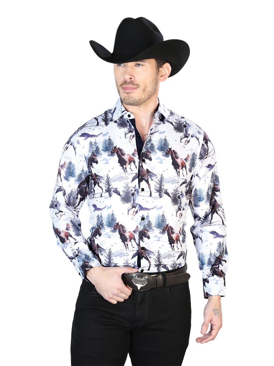 Long Sleeve Denim Shirt Printed Gray / Blue Horses for Men 'The Lord of the Skies' - ID: 43689