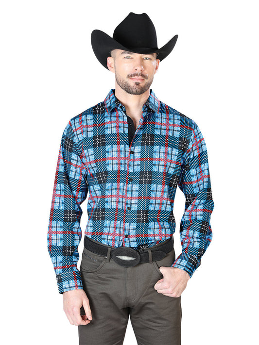 Camisa Vaquera Manga Larga Estampada Cuadros Azul Cuadros para Hombre 'El Señor de los Cielos' - ID: 43690 Western Shirt El Señor de los Cielos Blue