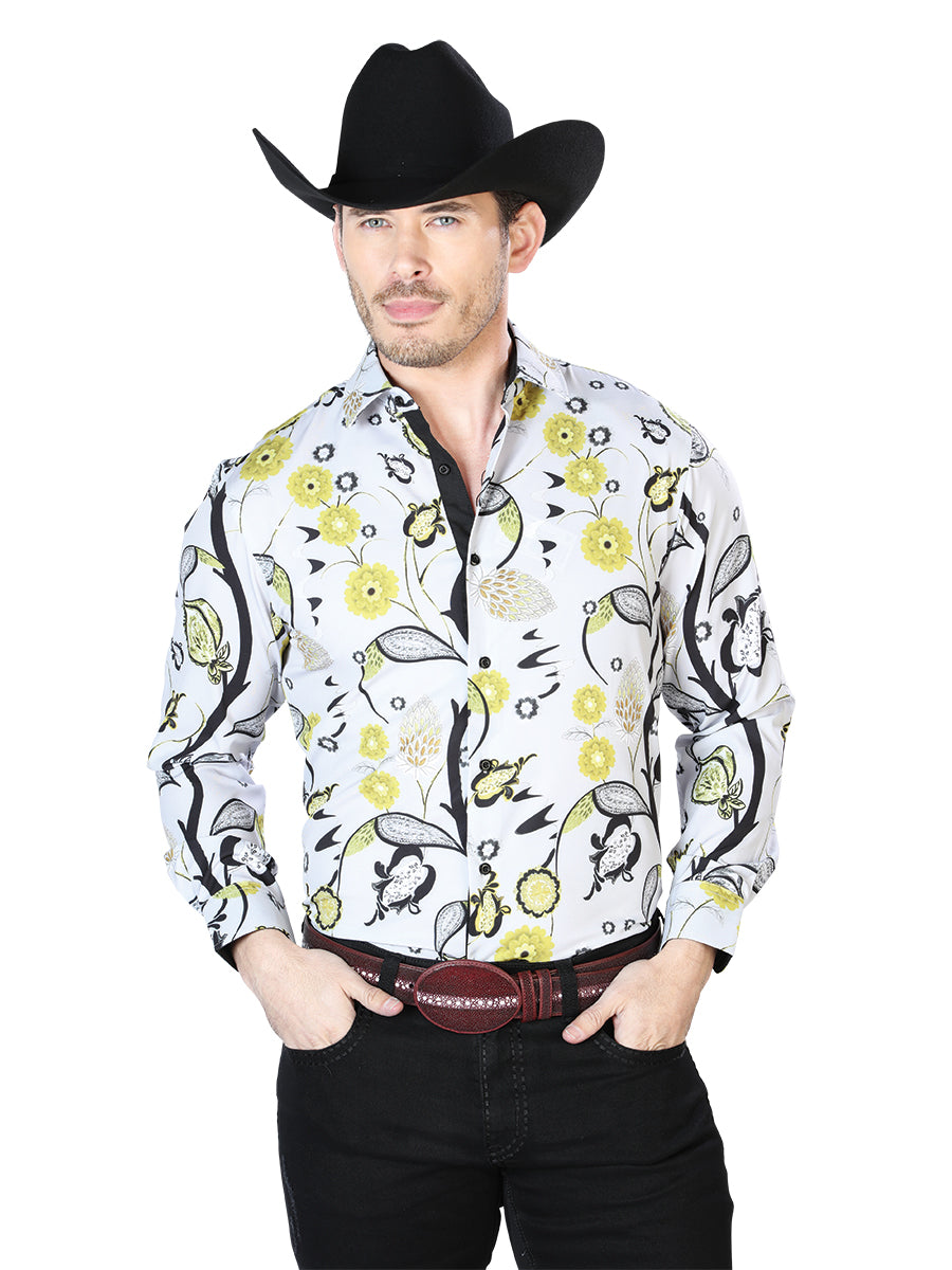 Camisa Vaquera Manga Larga Estampada Floral Gris/Amarillo para Hombre 'El Señor de los Cielos' - ID: 43697 Western Shirt El Señor de los Cielos Gray/Yellow