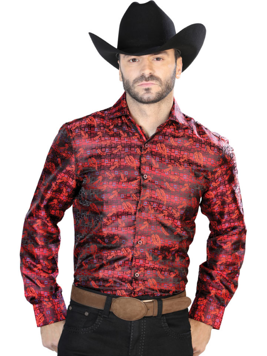 Camisa Vaquera Manga Larga Jacquard Estampada Cachemir Rojo/Azul para Hombre 'Centenario' - ID: 43702 Western Shirt Centenario Red/Blue