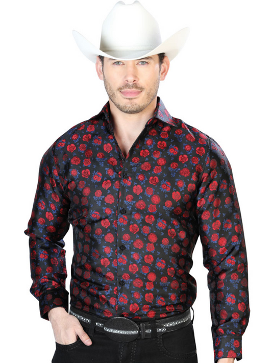 Red/Black Floral Printed Jacquard Long Sleeve Denim Shirt for Men 'Centenario' - ID: 43703 Western Shirt Centenario Red/Black