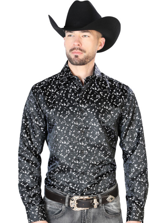 Black Floral Printed Jacquard Long Sleeve Denim Shirt for Men 'Centenario' - ID: 43704 Western Shirt Centenario Black