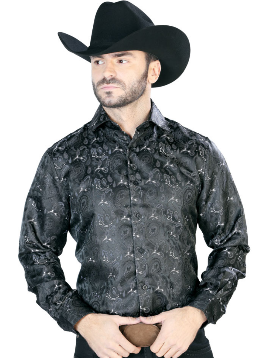 Black Cashmere Printed Jacquard Long Sleeve Denim Shirt for Men 'Centenario' - ID: 43706 Western Shirt Centenario Black