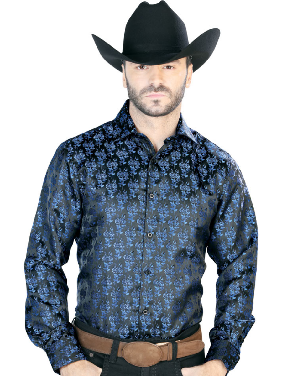 Men's Black/Blue Floral Printed Jacquard Long Sleeve Denim Shirt 'Centenario' - ID: 43707 Western Shirt Centenario Black/Blue