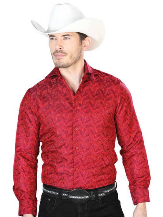 Red Cashmere Printed Jacquard Long Sleeve Denim Shirt for Men 'Centenario' - ID: 43709