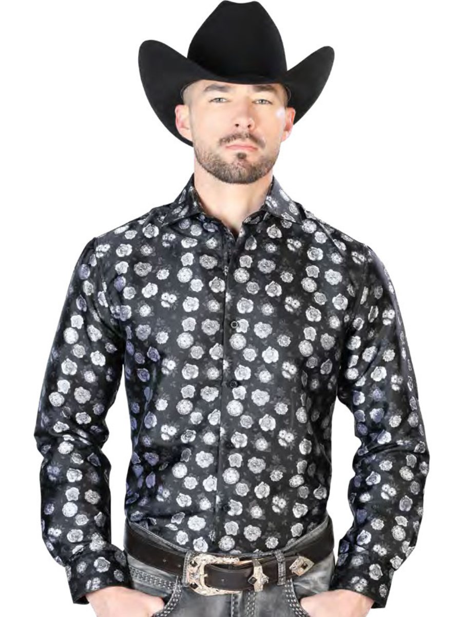 Black Floral Print Jacquard Long Sleeve Denim Shirt for Men 'Centenario' - ID: 43710
