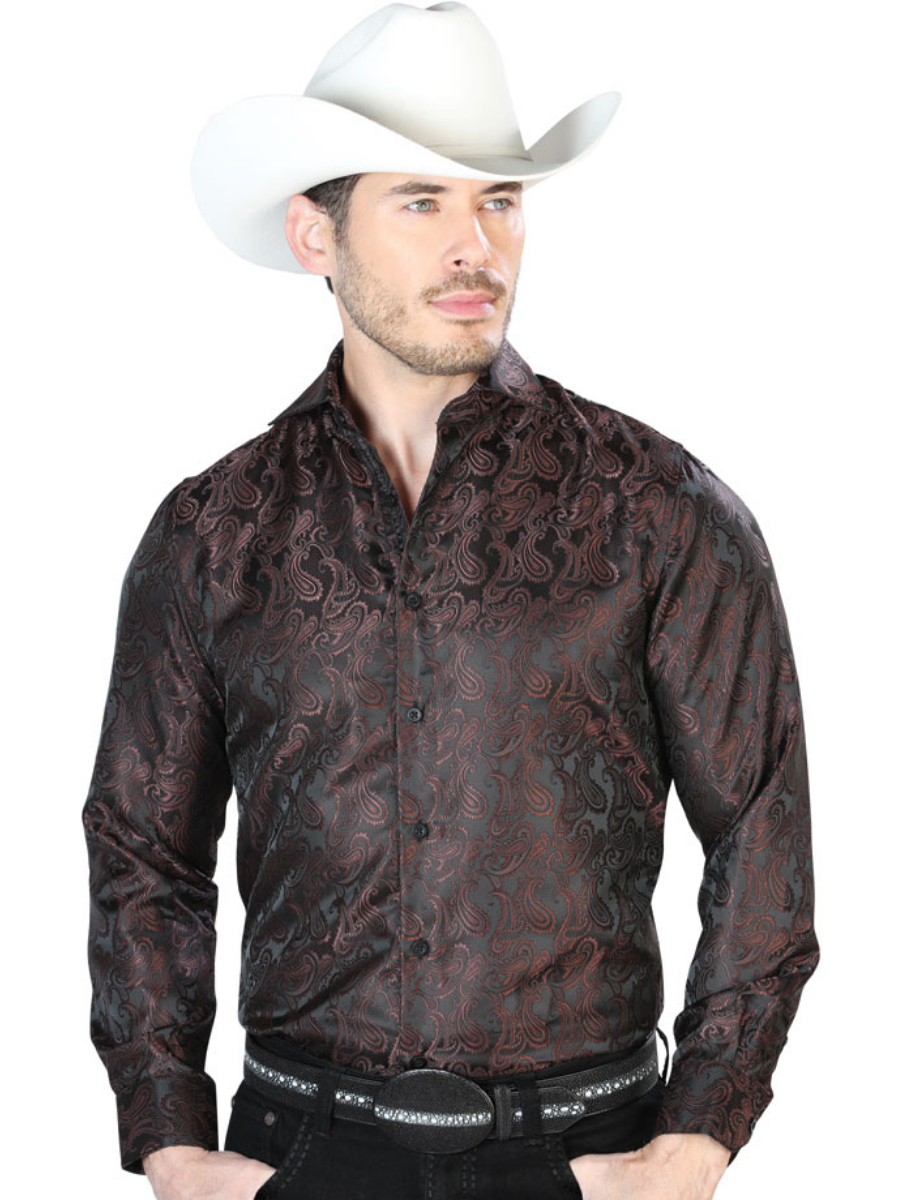 Long Sleeve Jacquard Denim Shirt Printed Coffee Cashmere for Men 'Centenario' - ID: 43712