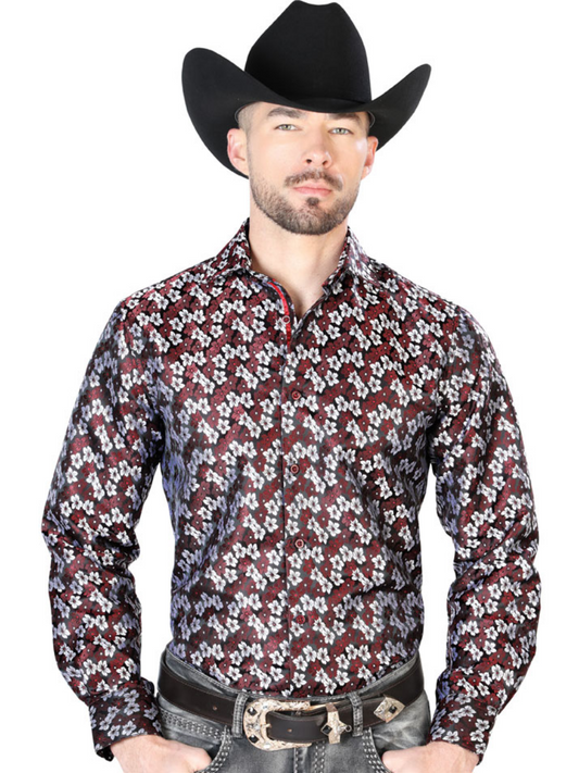 Camisa Vaquera Manga Larga Jacquard Estampada Floral Mamey para Hombre 'Centenario' - ID: 43713