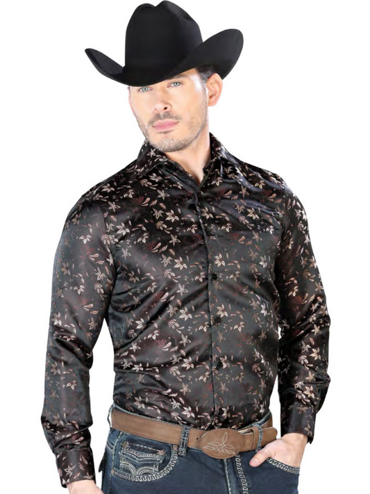 Brown Floral Printed Jacquard Long Sleeve Denim Shirt for Men 'Centenario' - ID: 43714 Western Shirt Centenario Brown