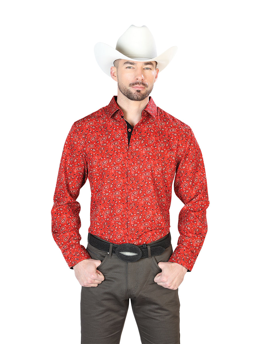 Red Paisley Printed Long Sleeve Denim Shirt for Men 'The Lord of the Skies' - ID: 43716