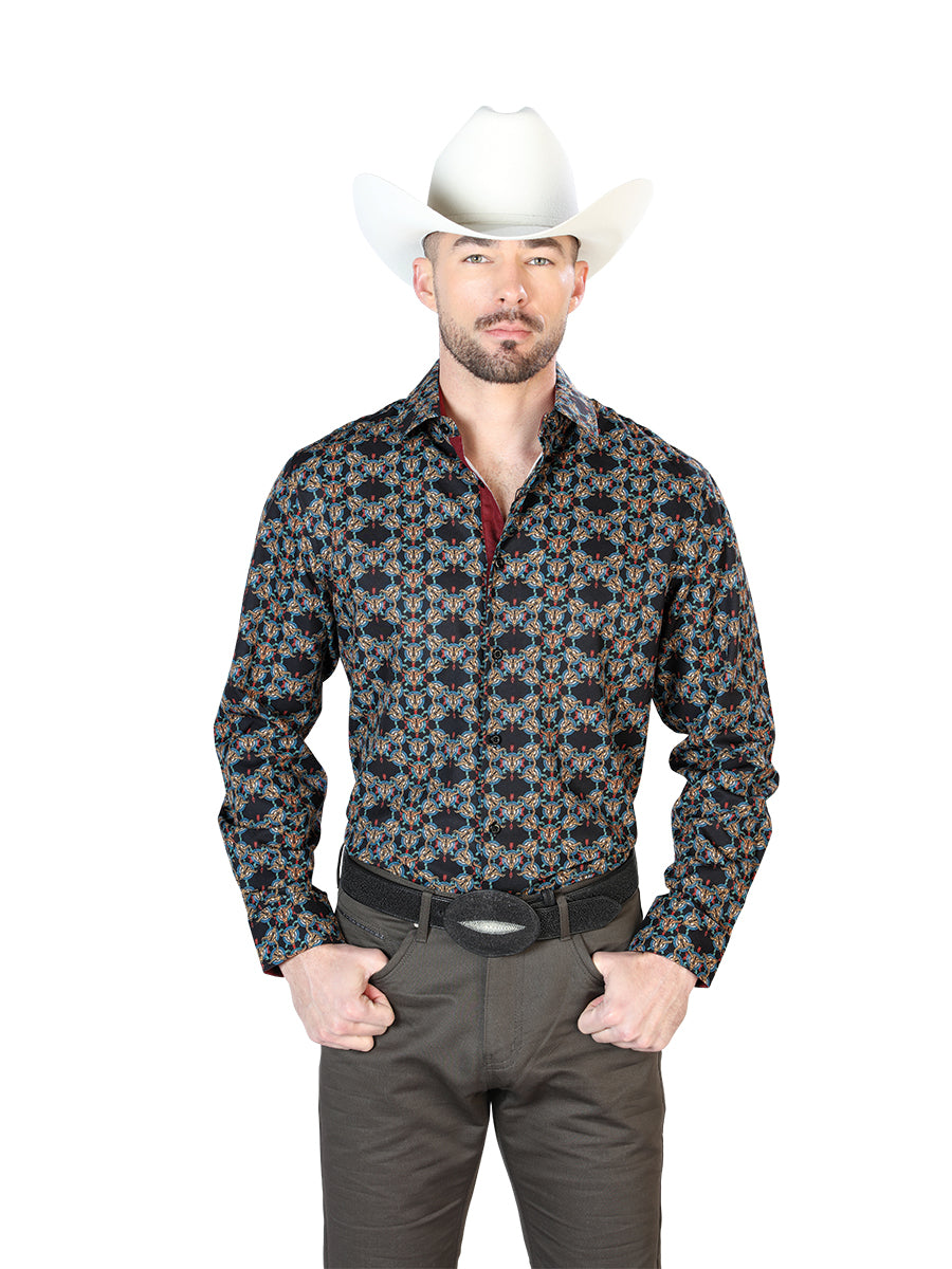 Black/Gold Printed Long Sleeve Denim Shirt for Men 'The Lord of the Skies' - ID: 43717