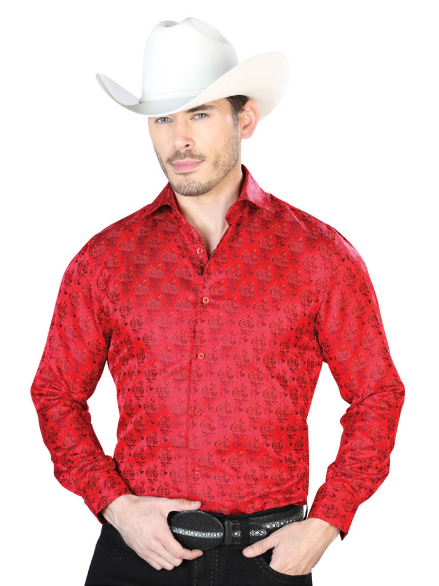Red Floral Print Jacquard Long Sleeve Denim Shirt for Men 'Centenario' - ID: 43739