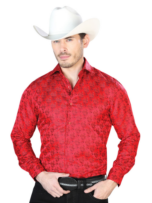 Red Floral Printed Jacquard Long Sleeve Denim Shirt for Men 'Centenario' - ID: 43739 Western Shirt Centenario Red